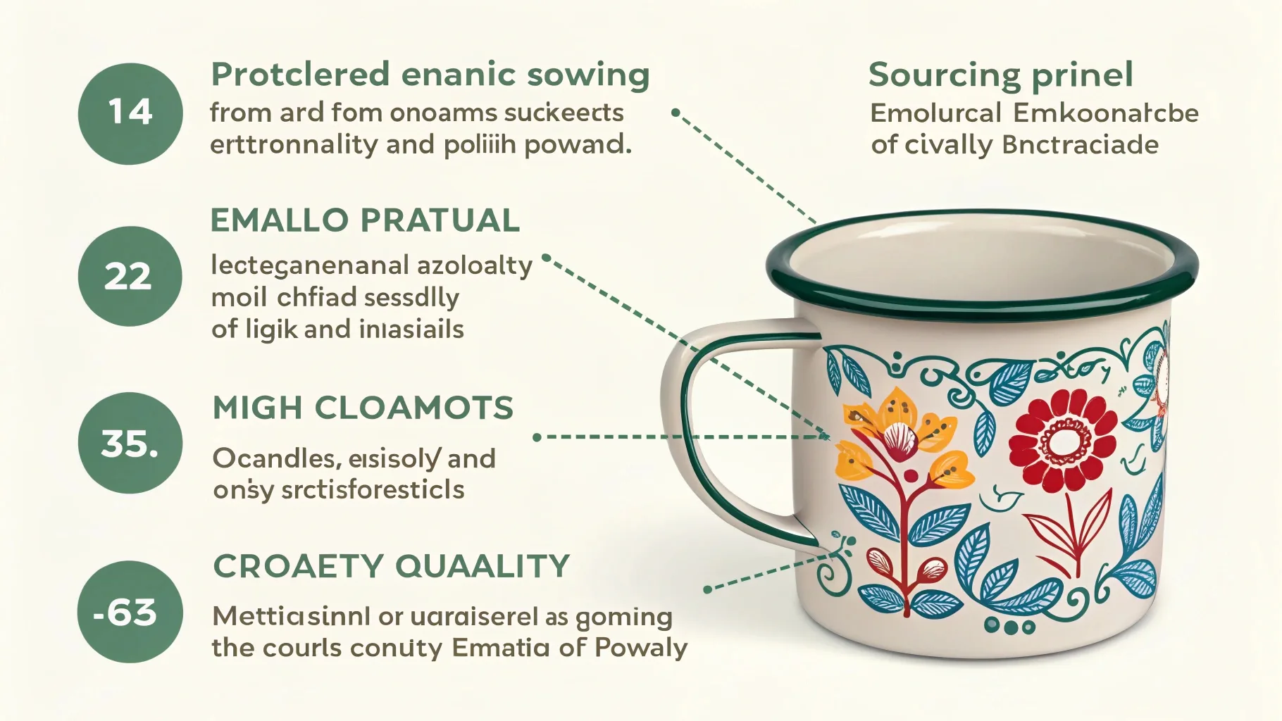 A decorative enamel mug with a floral pattern and an infographic overlay.