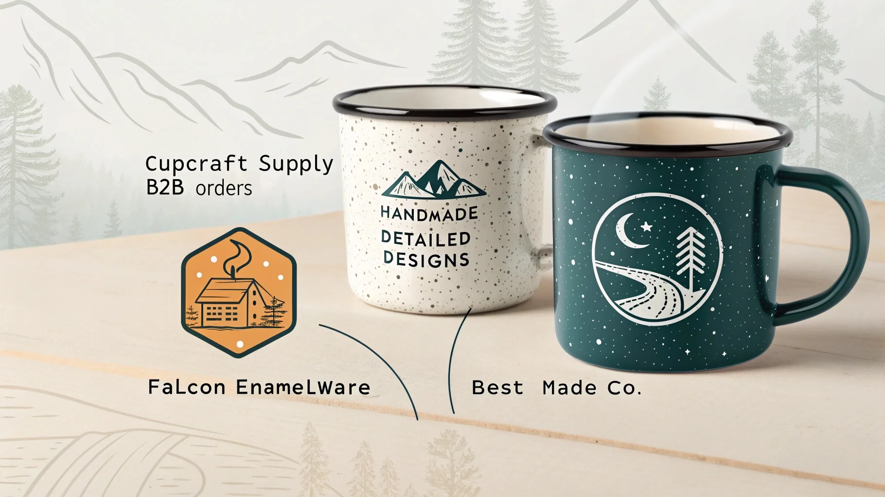 Two enamel mugs with intricate branding and handmade appeal.