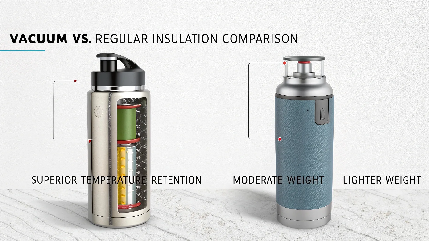 A comparison of vacuum and regular insulation in bottles.