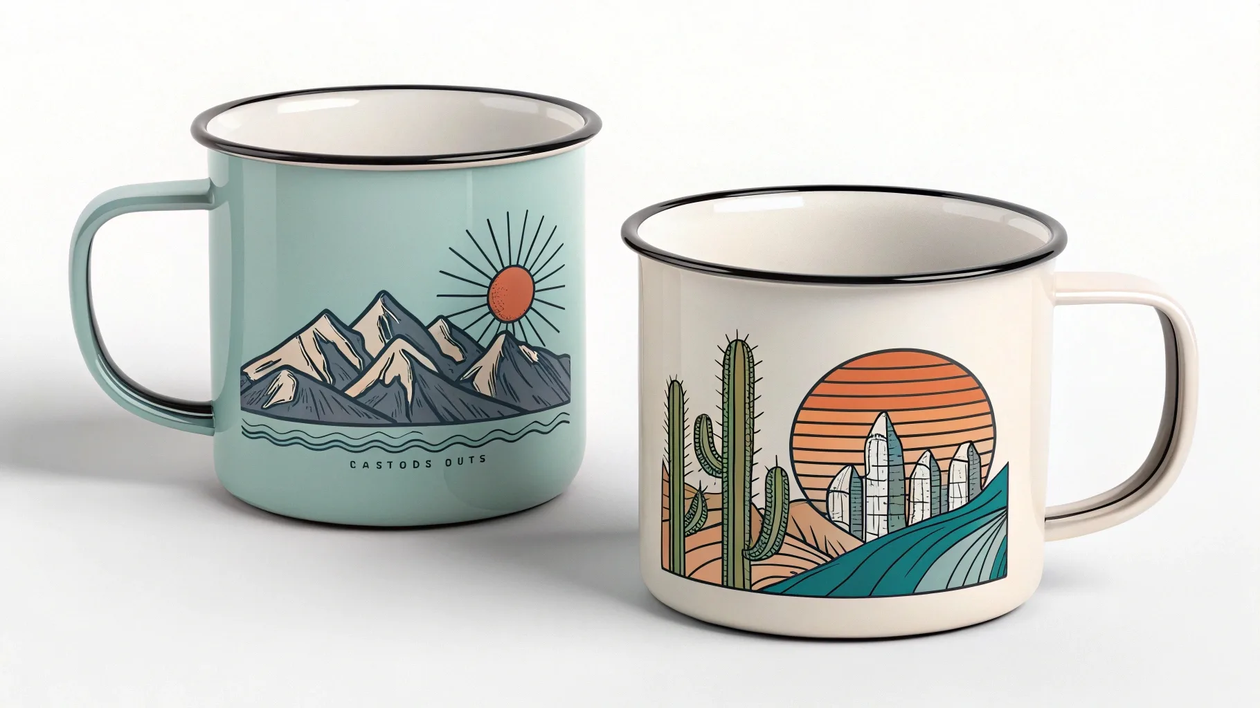 Two enamel mugs with landscape-themed illustrations.