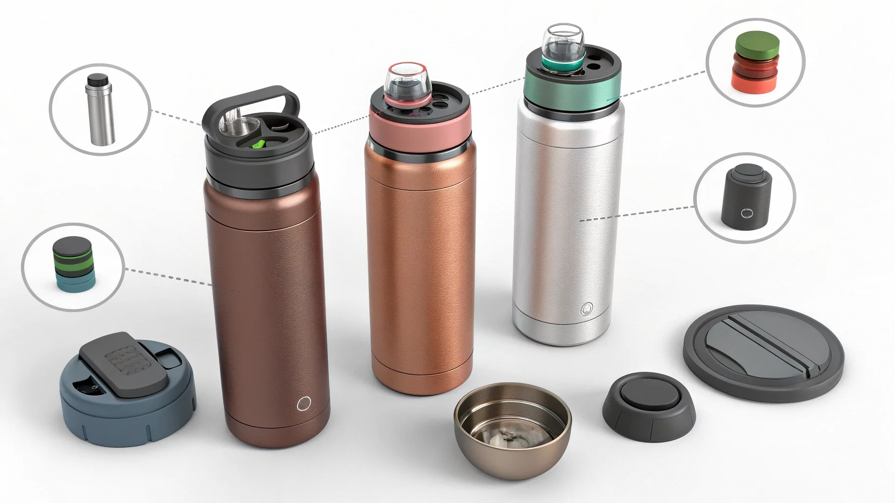 Three water bottles with interchangeable tops.