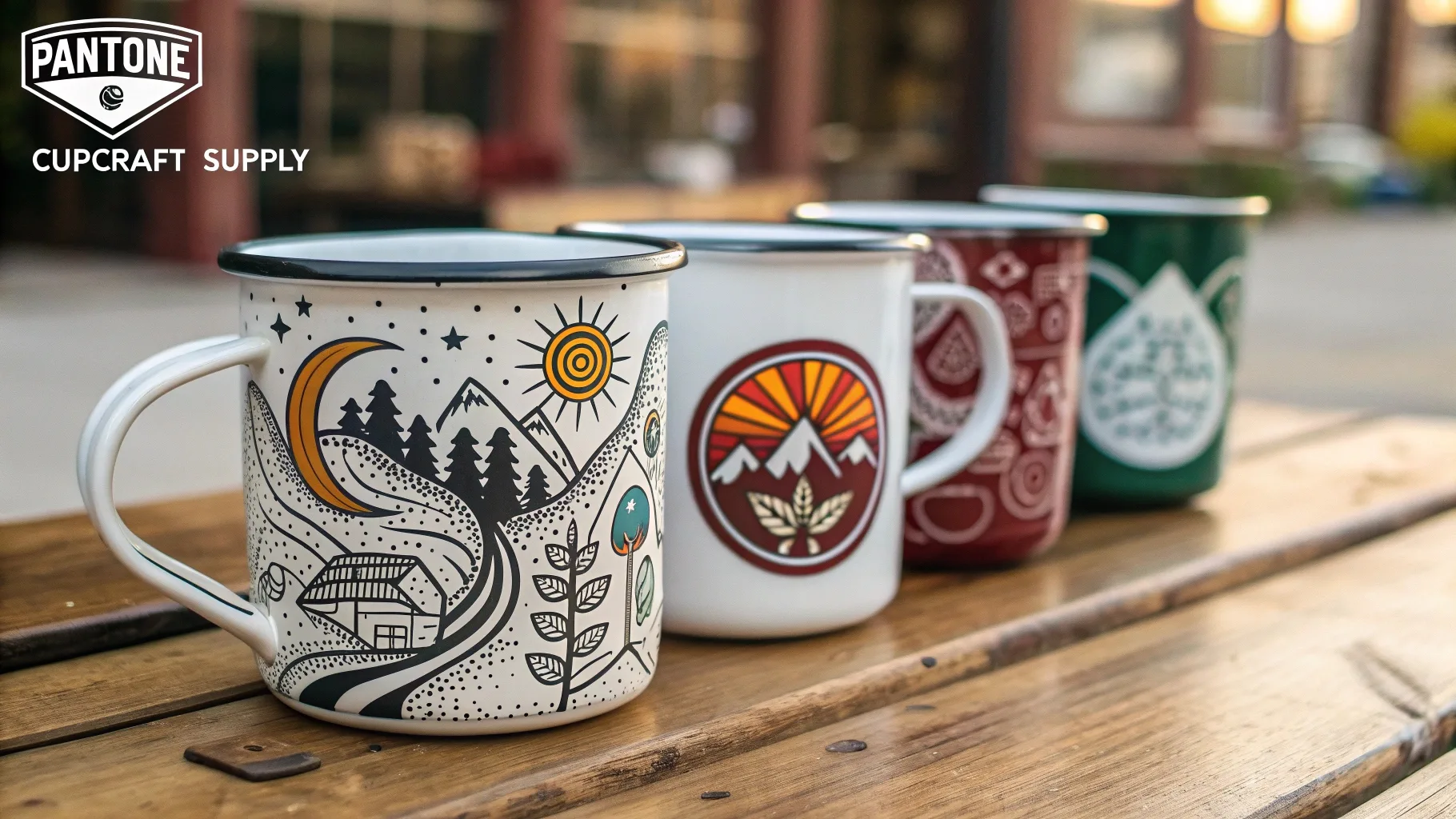 Four custom enamel mugs with artistic, outdoor-inspired designs.