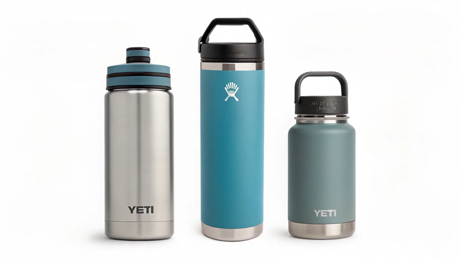 Three high-quality insulated stainless steel bottles from different brands.