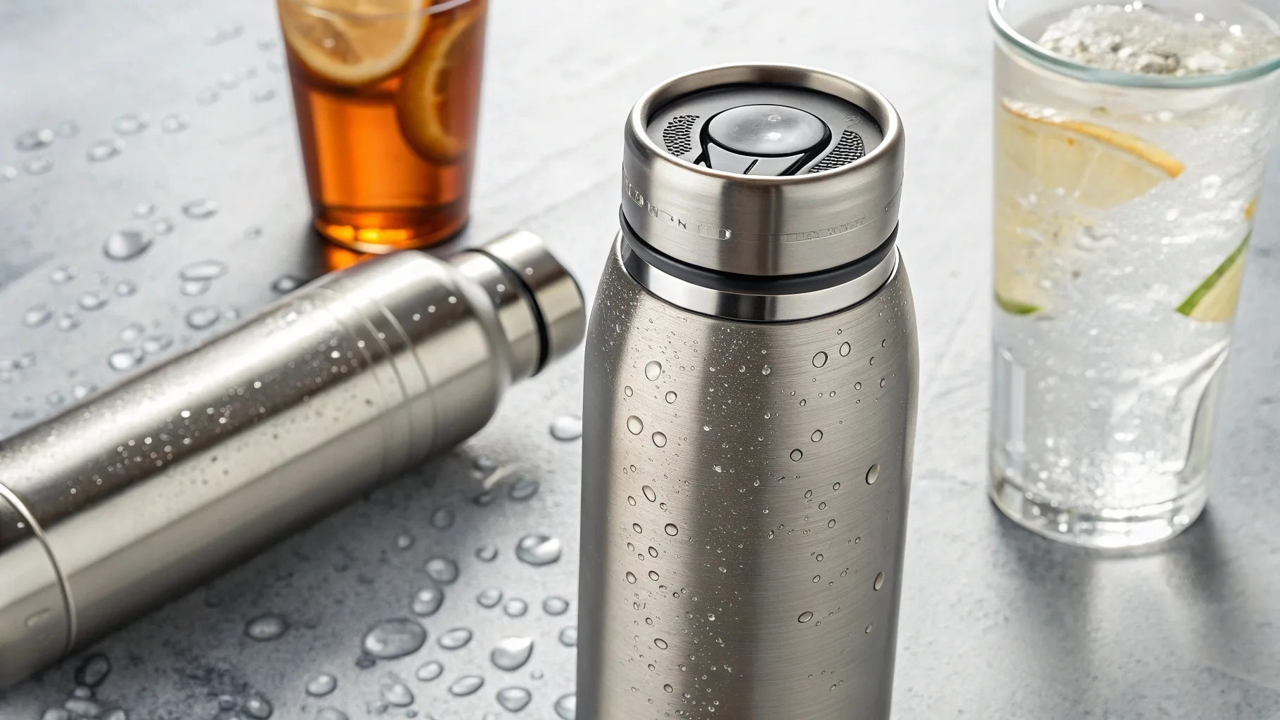 A stainless steel bottle covered in condensation next to beverages.