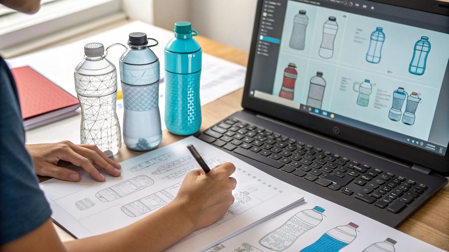 A person sketching bottle designs while referencing digital models.