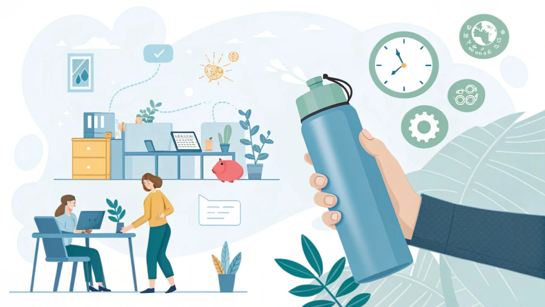 A hand holding a reusable bottle with an eco-conscious office setting in the background.