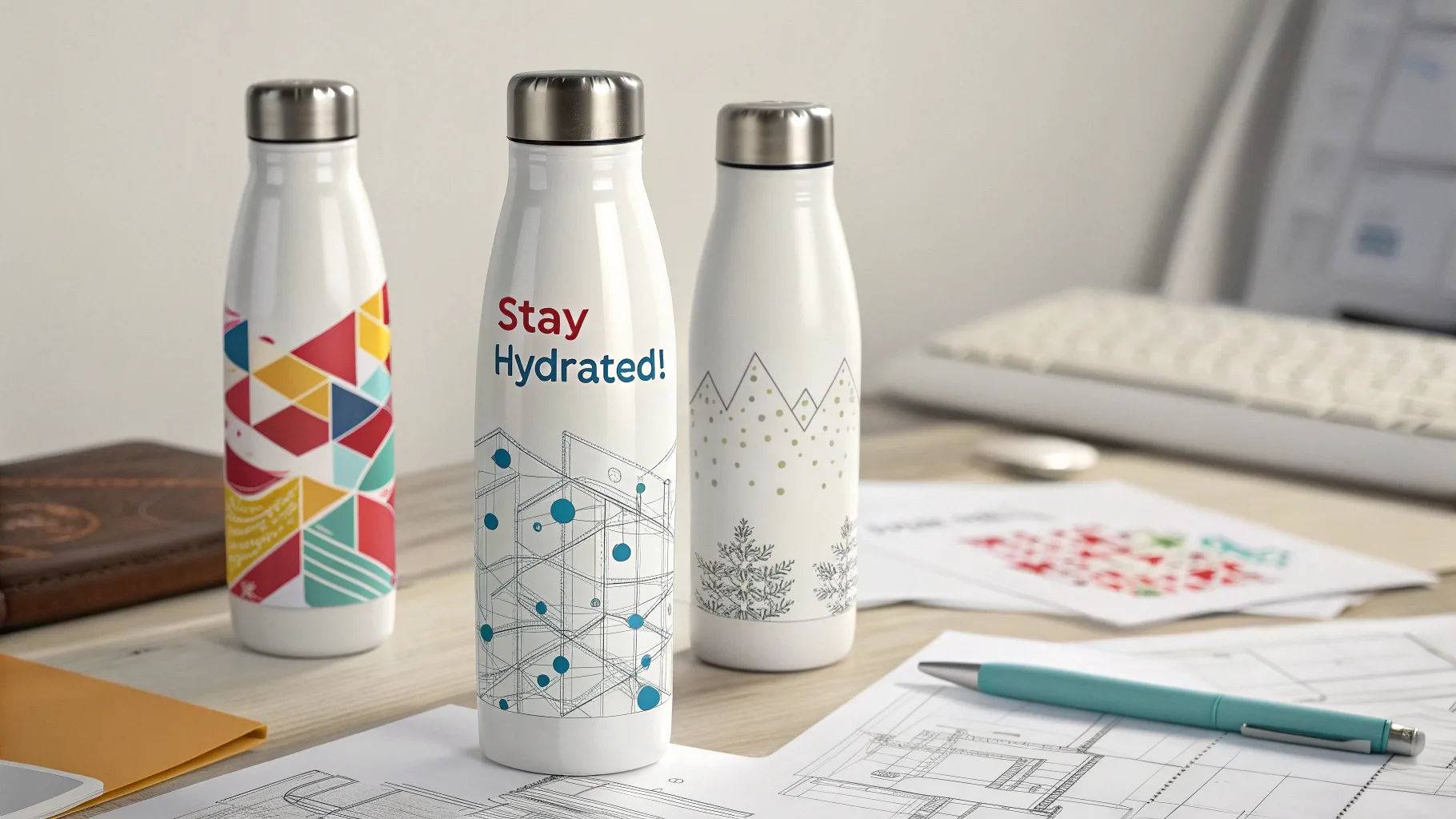 Three white bottles with unique designs placed on a designer’s desk.