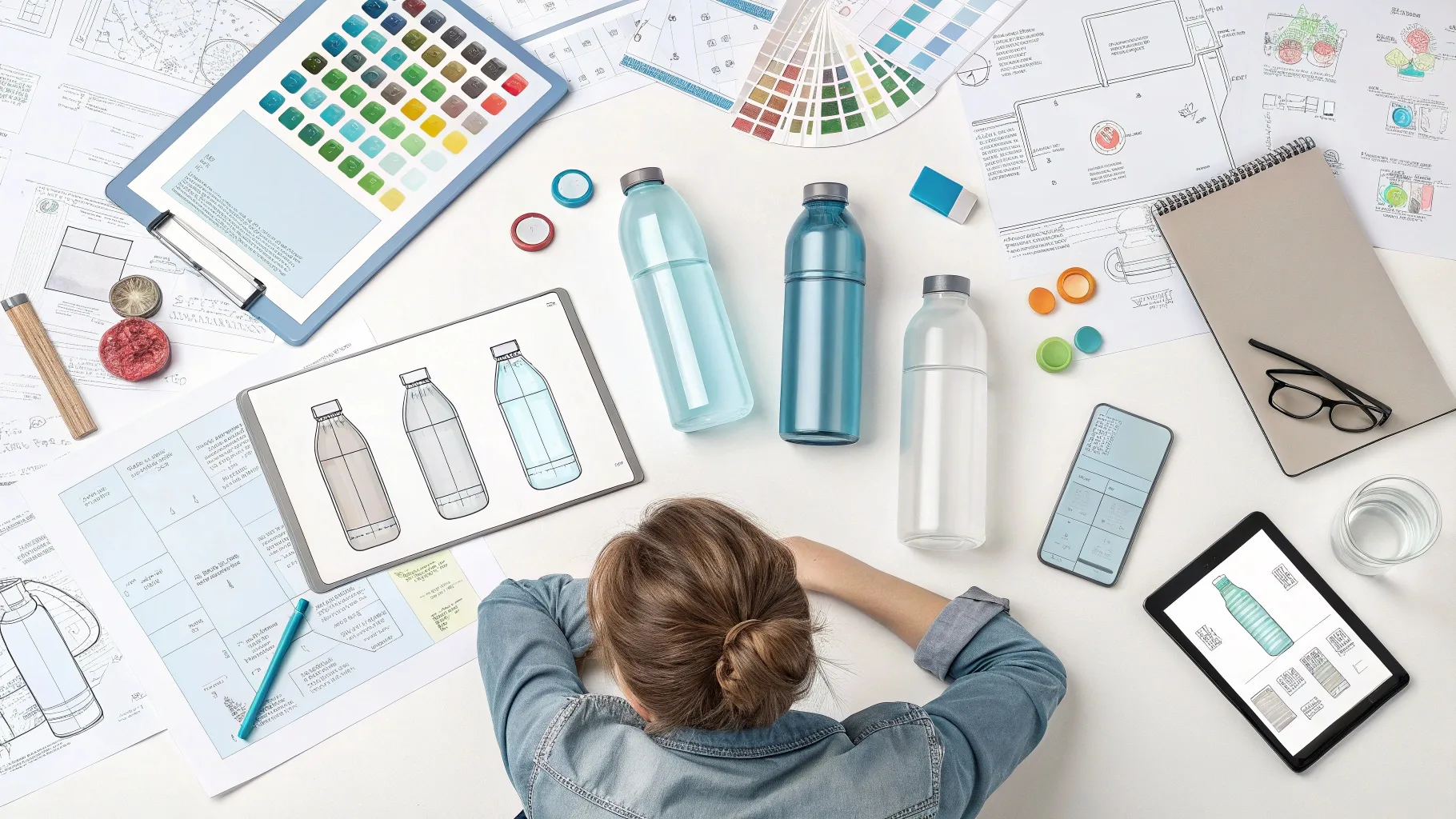 A designer's workspace filled with bottle sketches, color swatches, and prototypes.