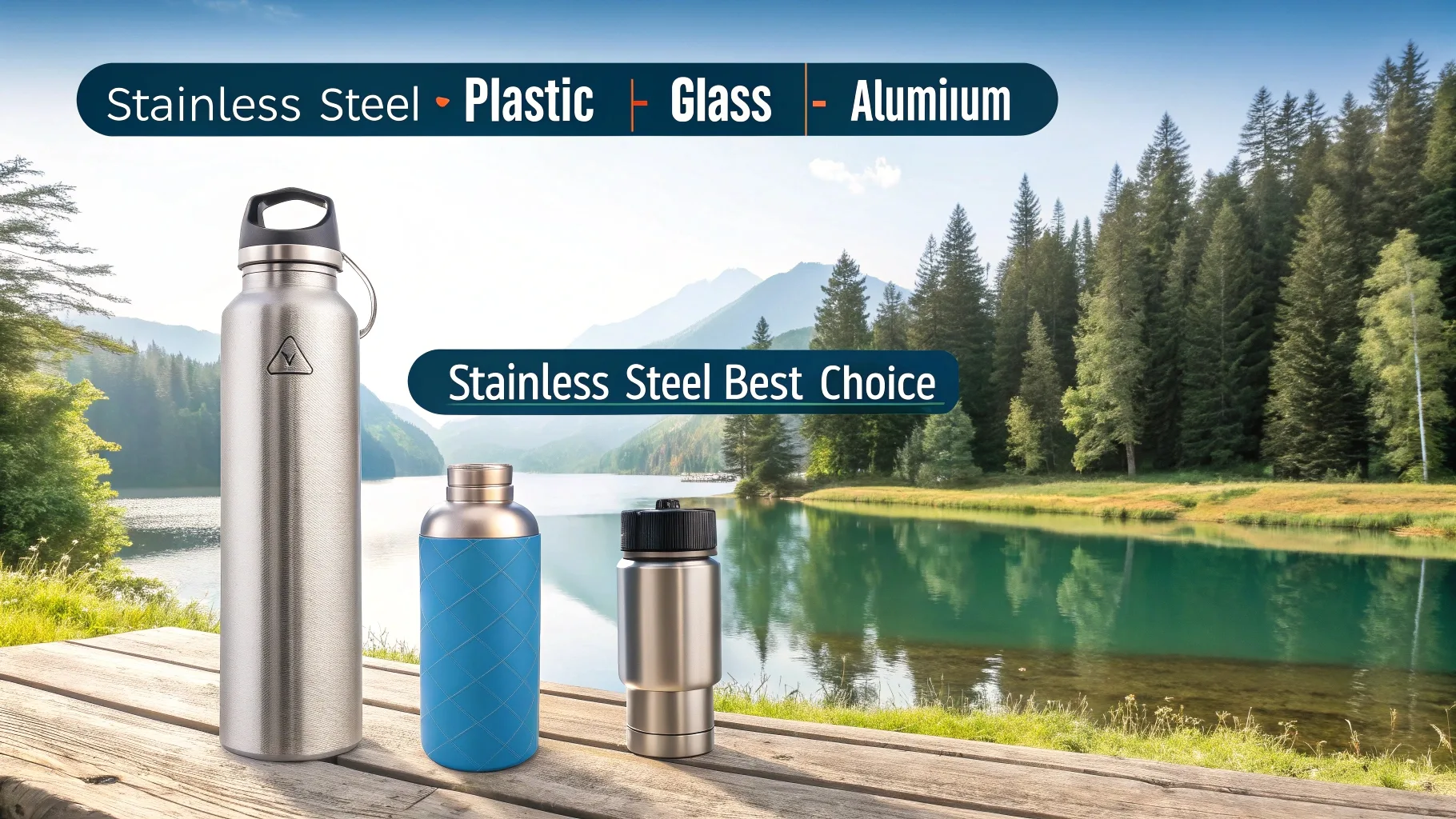 A scenic outdoor setting promoting stainless steel bottles.