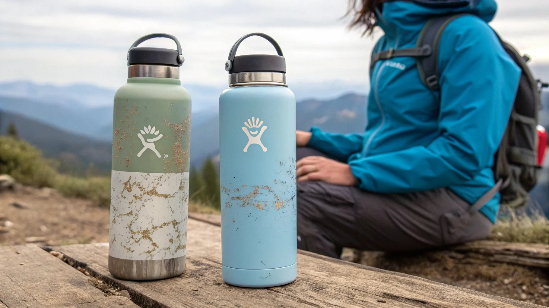 Two Hydro Flask bottles on a mountain trail.