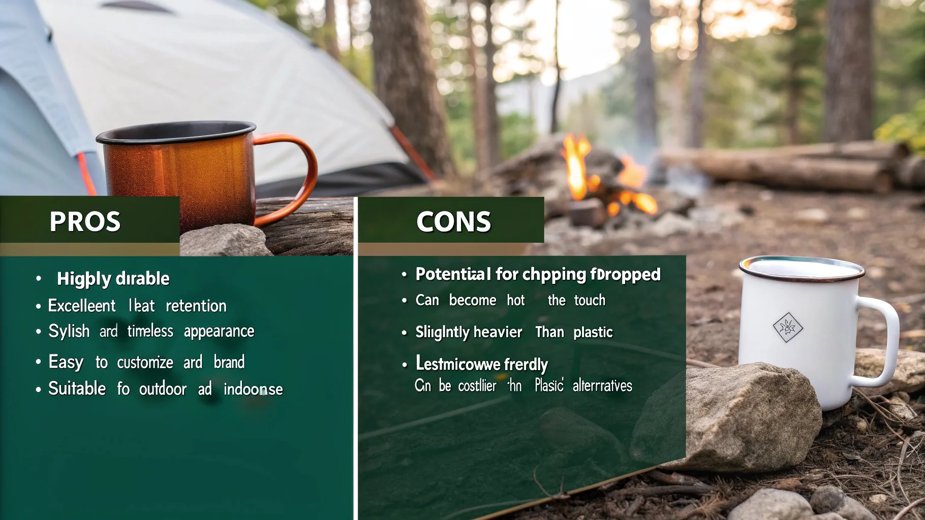 A rustic campsite with two enamel mugs and a pros-and-cons list overlay.