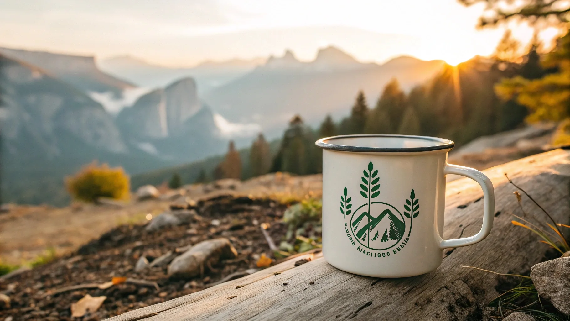 Enamel mug placed in a natural outdoor setting at sunrise.