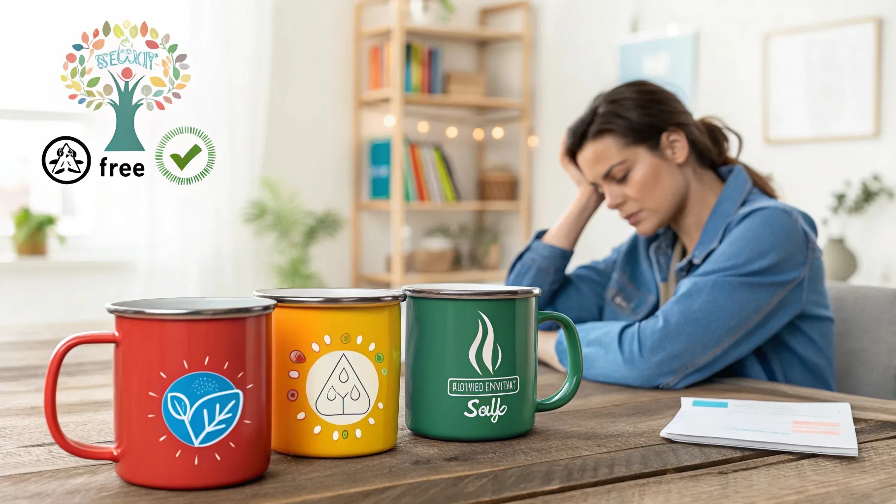 Three colorful enamel mugs with safety and eco-friendly icons.