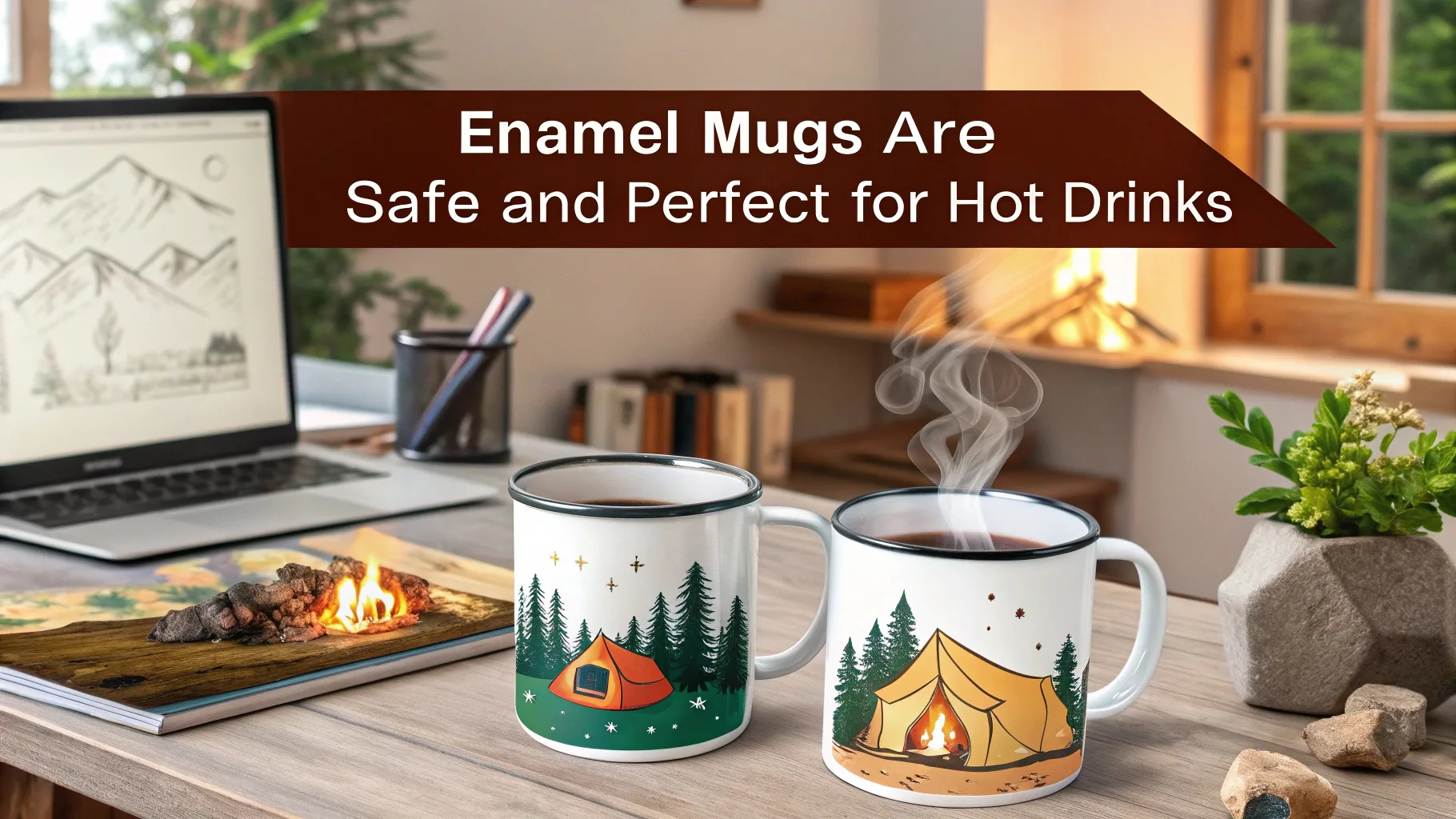 Two steaming enamel mugs with camping illustrations.