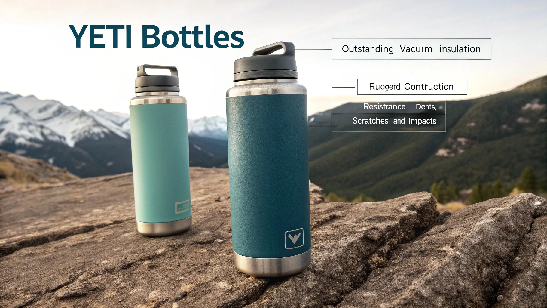 Two YETI bottles on a rocky mountain landscape with durability features highlighted.