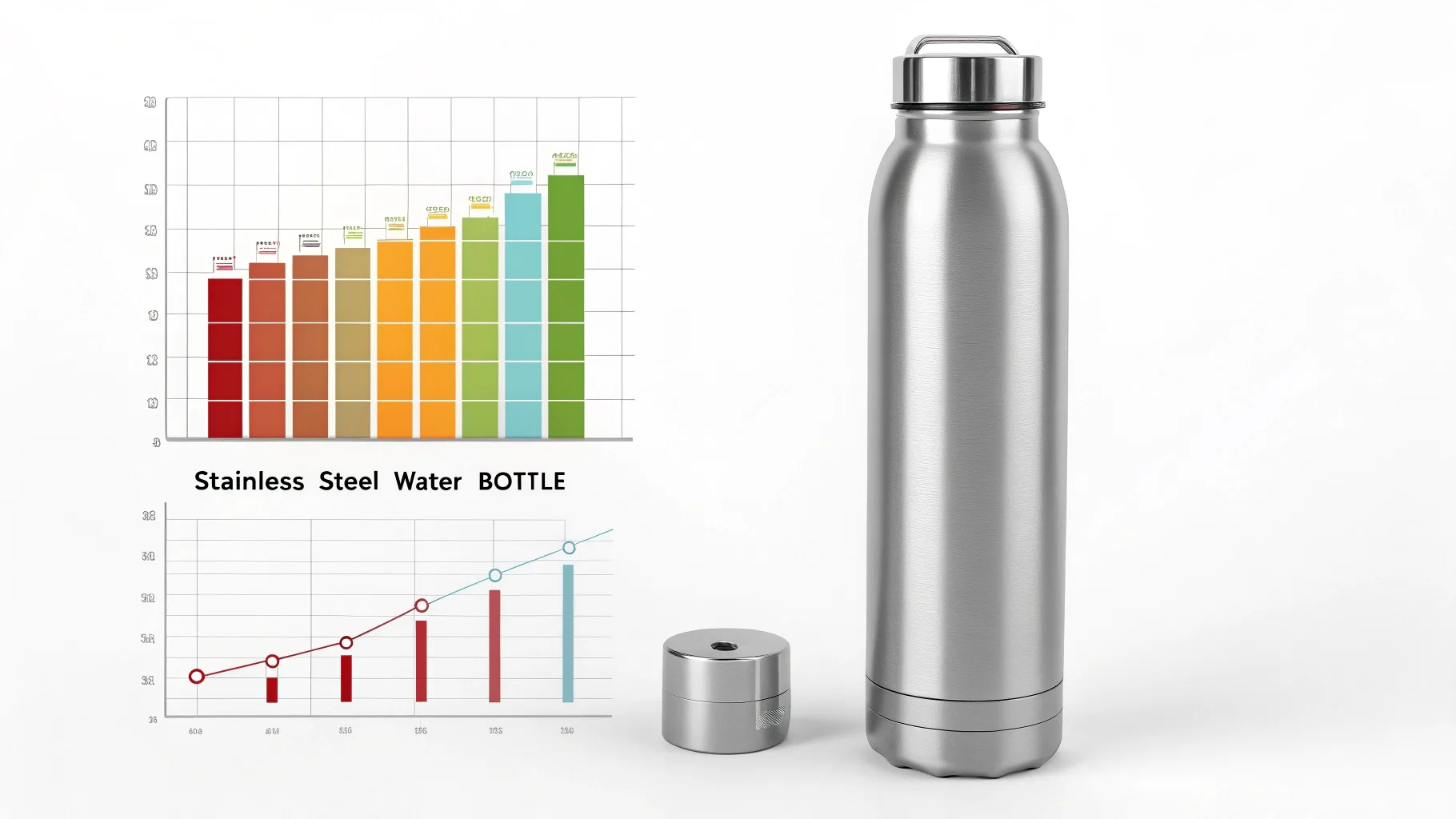 A stainless steel water bottle with analytical charts.